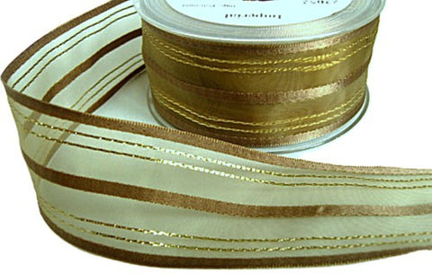 40mm Moss Sheer Ribbon with Brown Satin & Metallic Stripes
