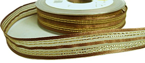 17mm Moss Sheer Ribbon with Brown Satin & Metallic Stripes