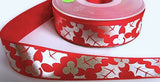 25mm Red Satin Ribbon with a Metallic Silver Holly Print