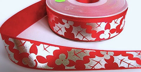 25mm Red Satin Ribbon with a Metallic Silver Holly Print