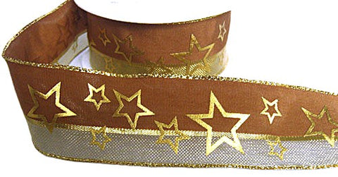 R6164 40mm Brown-Metallic Gold Mesh Star Print Ribbon, Berisfords
