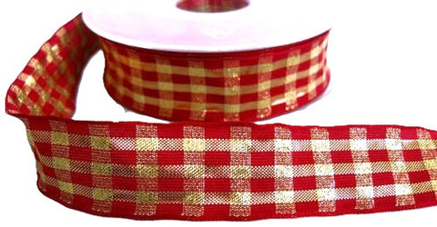 25mm Scarlet Berry-Gold Metallic Check Ribbon by Berisfords