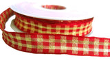 15mm Metallic Scarlet Berry & Gold Gingham Check Ribbon Wired Edge
