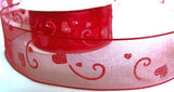 40mm Red, Pink & Silver Glittery Printed Sheer Love Heart Ribbon