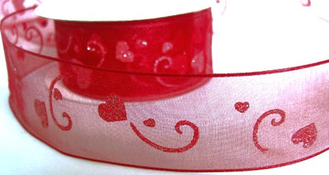 40mm Red, Pink & Silver Glittery Printed Sheer Love Heart Ribbon