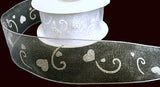 50mm White & Silver Glittery Printed Love Heart Sheer Ribbon