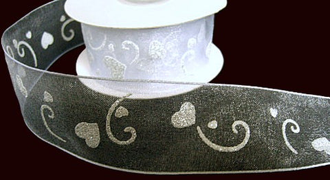 50mm White & Silver Glittery Printed Love Heart Sheer Ribbon