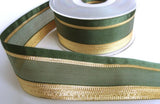 40mm green sheer centre ribbon with a grosgrain edge and metallic gold stripes.