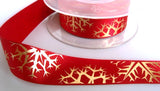 25mm Red Satin Ribbon-Gold Metallic Snowflake Print, Berisfords