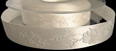 R6615 15mm Bridal White Woven Jacquard Rose Satin Ribbon by Berisfords