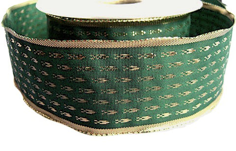 40mm Green & Metallic Gold Wire Edge Taffeta Ribbon | Berisfords
