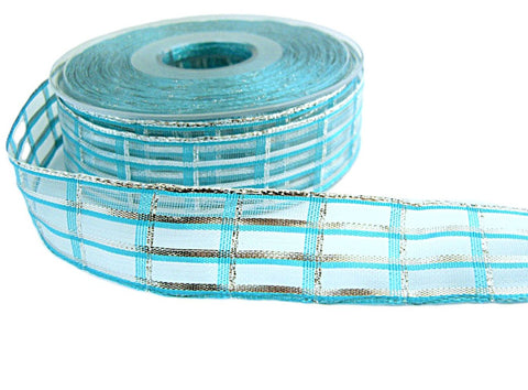 25mm Turquoise and Metallic Silver Sheer Check Ribbon