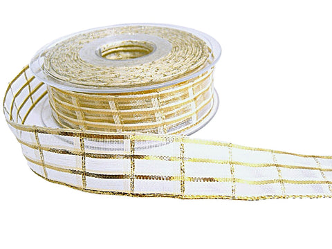 25mm Cream-Metallic Gold Sheer-Check Ribbon by Berisfords