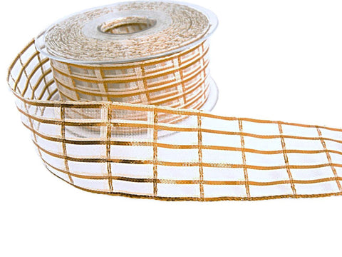 40mm Cream-Metallic Copper Wire Edge Sheer Check Ribbon - Berisfords