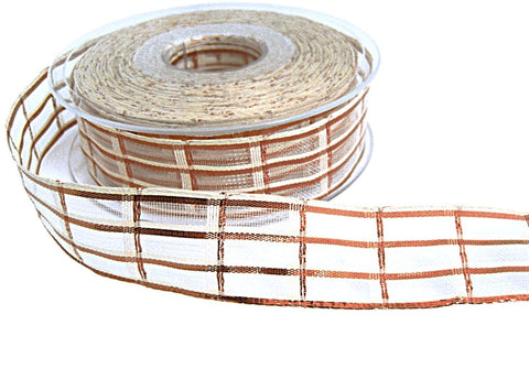 25mm Copper-Cream Metallic Sheer-Check Ribbon by Berisfords