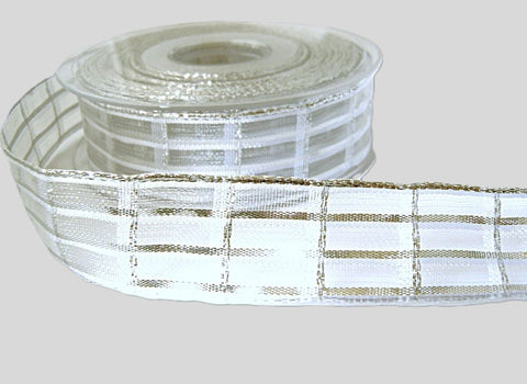 25mm White-Metallic Silver Check-Sheer Ribbon by Berisfords