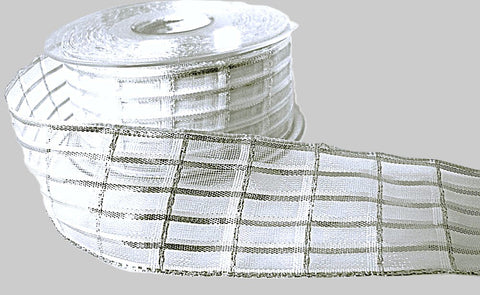 40mm White-Metallic Silver Check-Sheer Ribbon by Berisfords