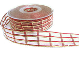 25mm sheer and metallic check ribbon in scarlet berry red and gold.