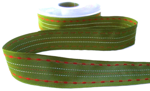 25mm Green-Red Gimp Stitch-Silver Stripe Ribbon by Berisfords