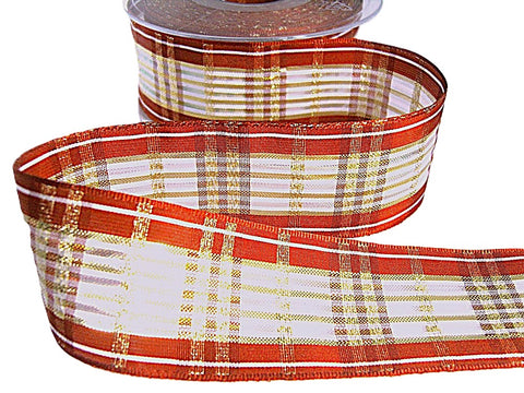40mm Rust-White-Gold-Iridescent Crystal Plaid Ribbon - Berisfords