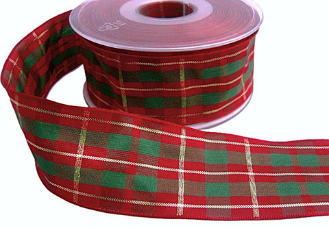 40mm Scarlet Berry & Green Tartan Ribbon with Metallic Gold Stripes