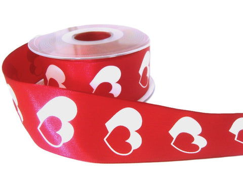 40mm Deep Red & White Love Heart Design Ribbon, Wire Edge