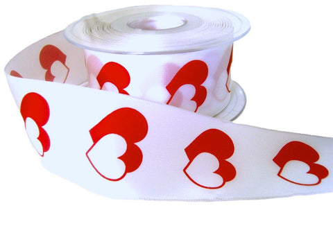 40mm White & Red Love Hearts Print Wired Taffeta Ribbon | Berisfords