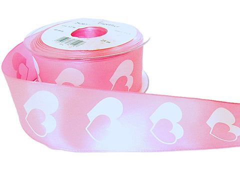 40mm Pink & White Love Heart Design Ribbon. Wire Edge