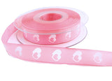16mm Pink & White Love Heart Design Ribbon. Wire Edge