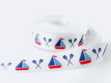 25mm White Satin Ribbon with a Yacht Sailing Themed Print