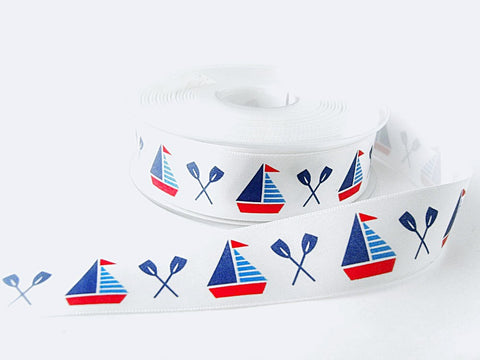 25mm White Satin Ribbon with a Yacht Sailing Themed Print
