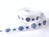 25mm White Satin Ribbon, Navy Seashell and Starfish Print