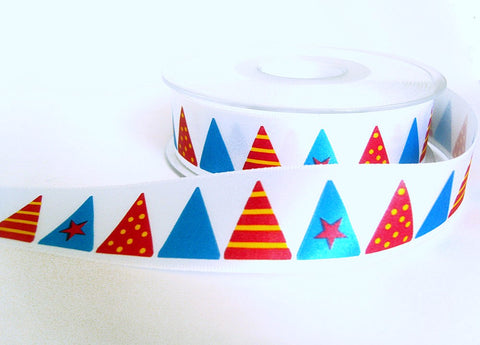 25mm White Satin Ribbon with a Triangle Themed Printed Design