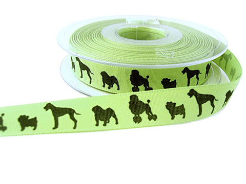 16mm Green Rustic Taffeta Ribbon with Printed Black Dogs Design