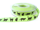 16mm Green Rustic Taffeta Ribbon, Printed Black Cats Design