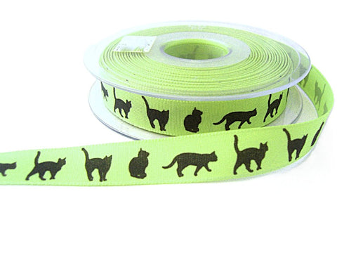 16mm Green Rustic Taffeta Ribbon, Printed Black Cats Design