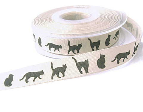 16mm Natural Rustic Taffeta Ribbon, Printed Black Cats Design