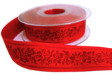 25mm Tonal Red Satin Ribbon with a Flowery Print by Berisfords