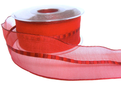 40mm Red,Burgundy Sheer Ribbon with a Woven Silk Banded Stripe