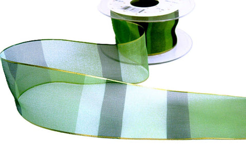 44mm Mixed Green Bands Sheer Ribbon with Gold Borders