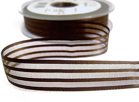 15mm Brown Satin and Sheer Striped Ribbon by Berisfords