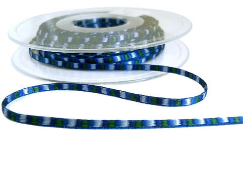 3mm Royal Blue, Green & White Woven Silk Ribbon