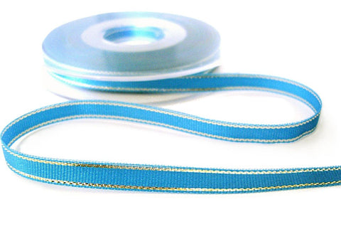 7mm Peacock Blue Grosgrain Ribbon with Metallic Silver Stripes