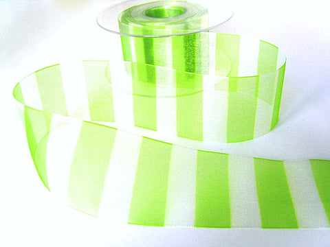 40mm Green & White Banded Bold Stripe Sheer Ribbon | Berisfords