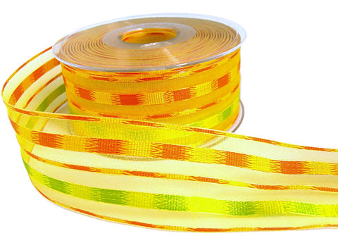 40mm Orange, Yellow & Lime Sheer and Silk Striped Ribbon