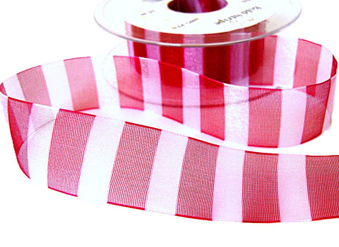 25mm Cardinal Red & White Banded Bold Stripe Sheer Ribbon | Berisfords