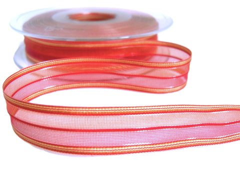 15mm Reds & Rusts Sheer & Silk Striped Ribbon by Berisfords
