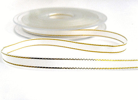 7mm Bridal White Polyester Ribbon with Thin Metallic Gold Stripes