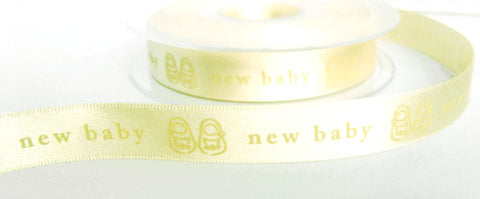 R7742 15mm Cream Printed Satin "new baby" Ribbon by Berisfords