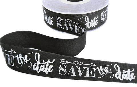25mm Graphite-White SAVE the date Taffeta Ribbon | Berisfords